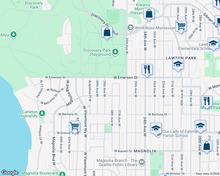 map of restaurants, bars, coffee shops, grocery stores, and more near 3637 38th Avenue West in Seattle