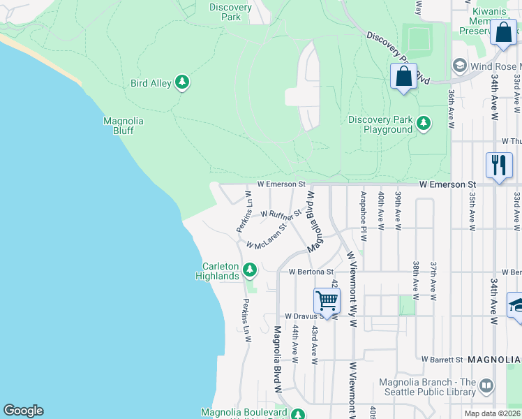 map of restaurants, bars, coffee shops, grocery stores, and more near 4508 West Ruffner Street in Seattle