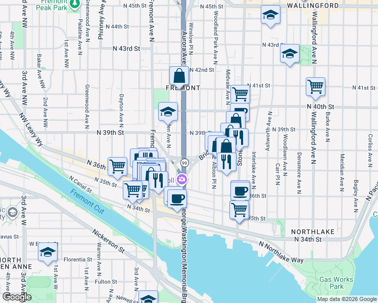 map of restaurants, bars, coffee shops, grocery stores, and more near 3800 Aurora Avenue North in Seattle