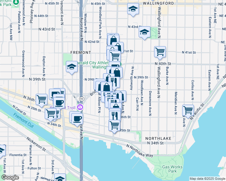 map of restaurants, bars, coffee shops, grocery stores, and more near 3801 Stone Way North in Seattle