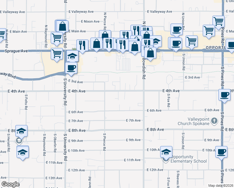 map of restaurants, bars, coffee shops, grocery stores, and more near 11123 East 4th Avenue in Spokane Valley