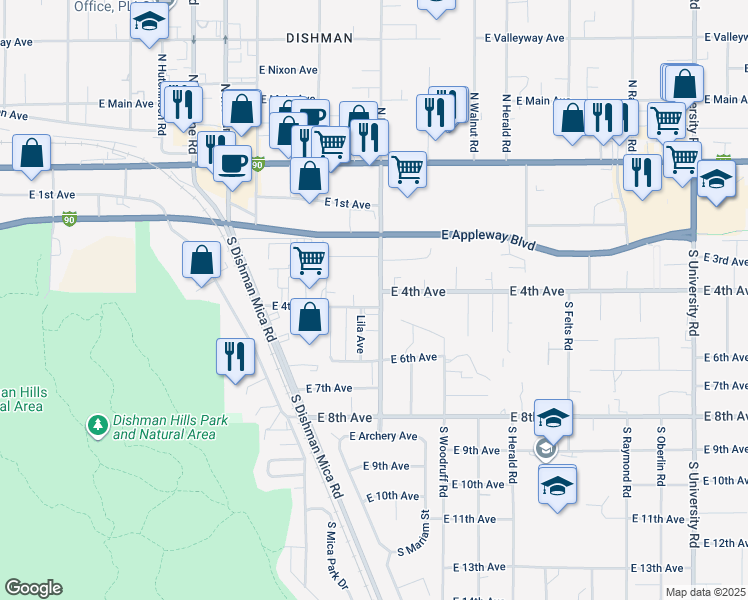 map of restaurants, bars, coffee shops, grocery stores, and more near 9705 East 4th Avenue in Spokane Valley