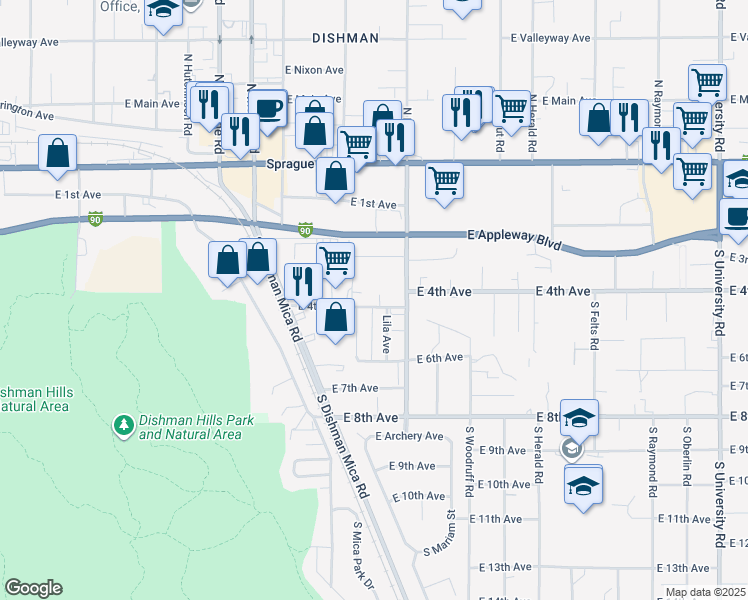 map of restaurants, bars, coffee shops, grocery stores, and more near 9611 East 4th Avenue in Spokane Valley