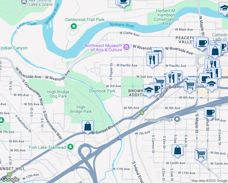 map of restaurants, bars, coffee shops, grocery stores, and more near in Spokane