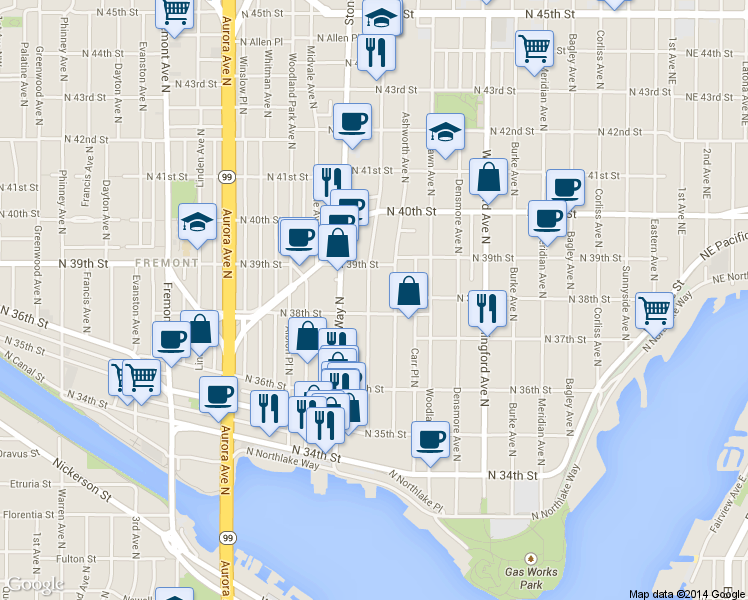 map of restaurants, bars, coffee shops, grocery stores, and more near 3825A Interlake Avenue North in Seattle