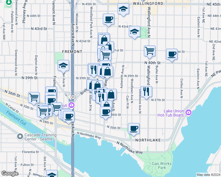 map of restaurants, bars, coffee shops, grocery stores, and more near 3825A Interlake Avenue North in Seattle