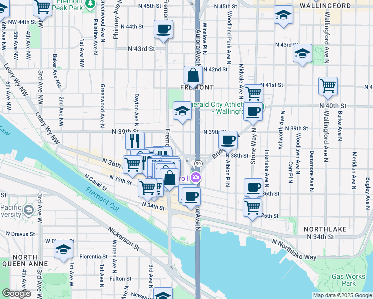 map of restaurants, bars, coffee shops, grocery stores, and more near 3829 Linden Avenue North in Seattle