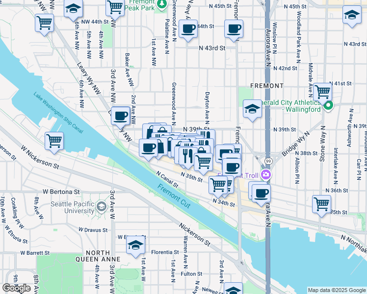 map of restaurants, bars, coffee shops, grocery stores, and more near in Seattle
