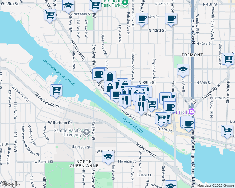 map of restaurants, bars, coffee shops, grocery stores, and more near 3617 1st Avenue Northwest in Seattle