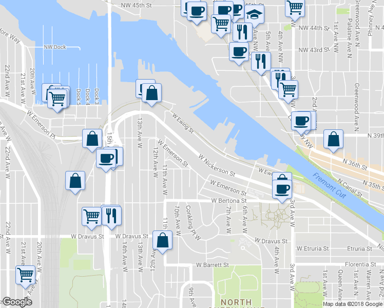 map of restaurants, bars, coffee shops, grocery stores, and more near 965 West Nickerson Street in Seattle