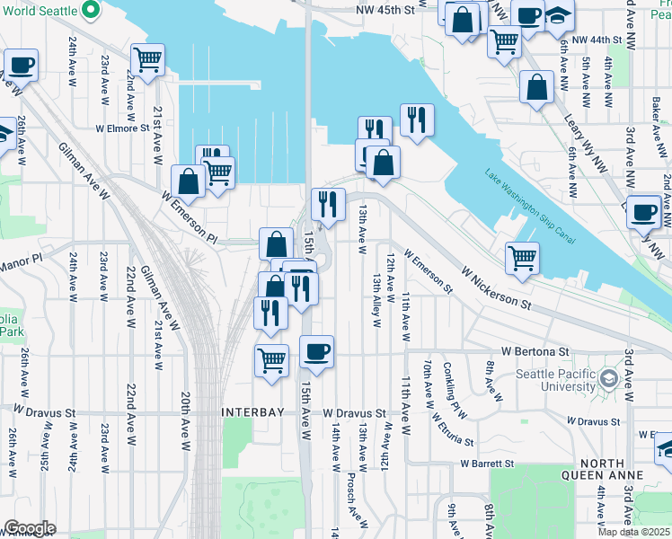 map of restaurants, bars, coffee shops, grocery stores, and more near 3646 14th Avenue West in Seattle
