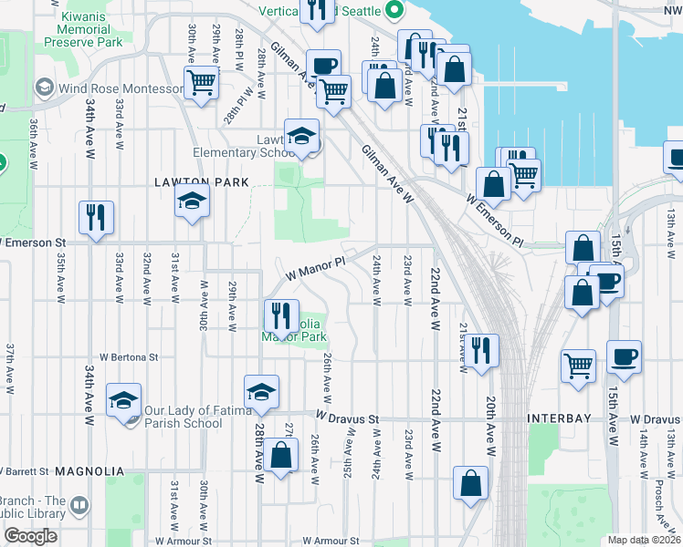 map of restaurants, bars, coffee shops, grocery stores, and more near 2500 West Manor Place in Seattle
