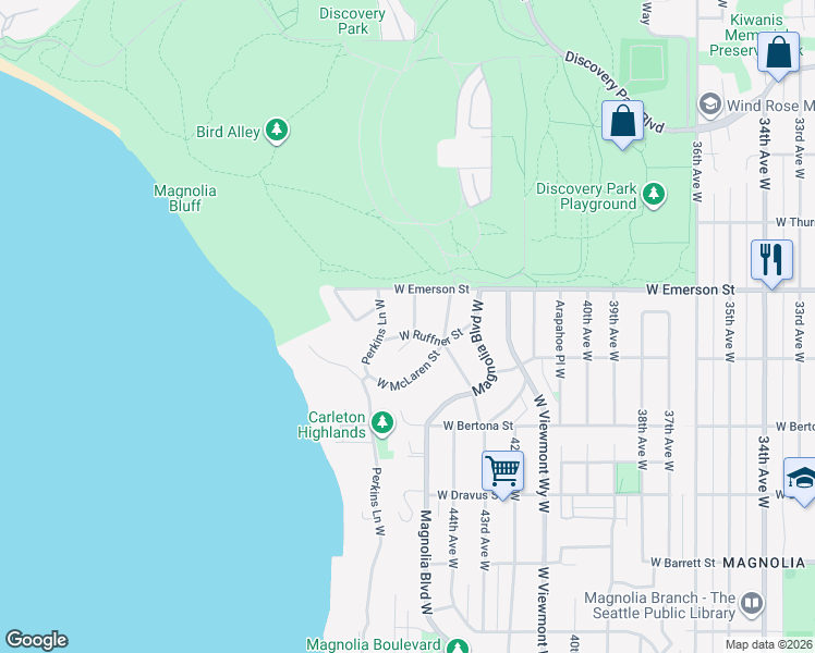 map of restaurants, bars, coffee shops, grocery stores, and more near 3621 45th Avenue West in Seattle