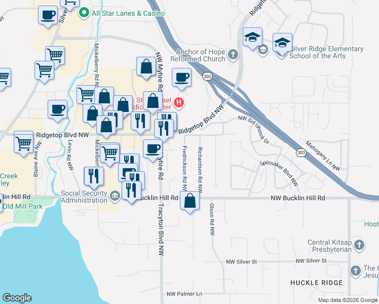 map of restaurants, bars, coffee shops, grocery stores, and more near 9924 Fredrickson Road Northwest in Bremerton