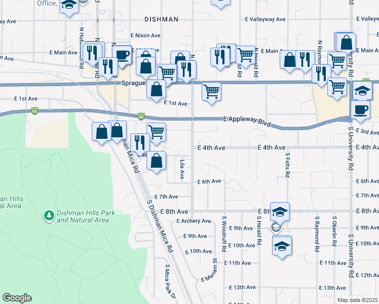 map of restaurants, bars, coffee shops, grocery stores, and more near 9705 East 4th Avenue in Spokane Valley