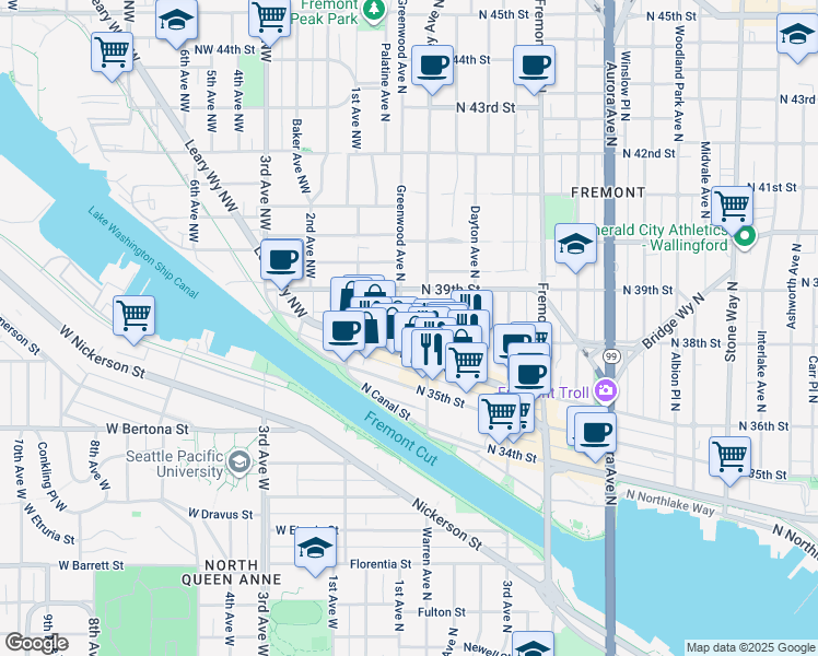 map of restaurants, bars, coffee shops, grocery stores, and more near 3616 Greenwood Avenue North in Seattle