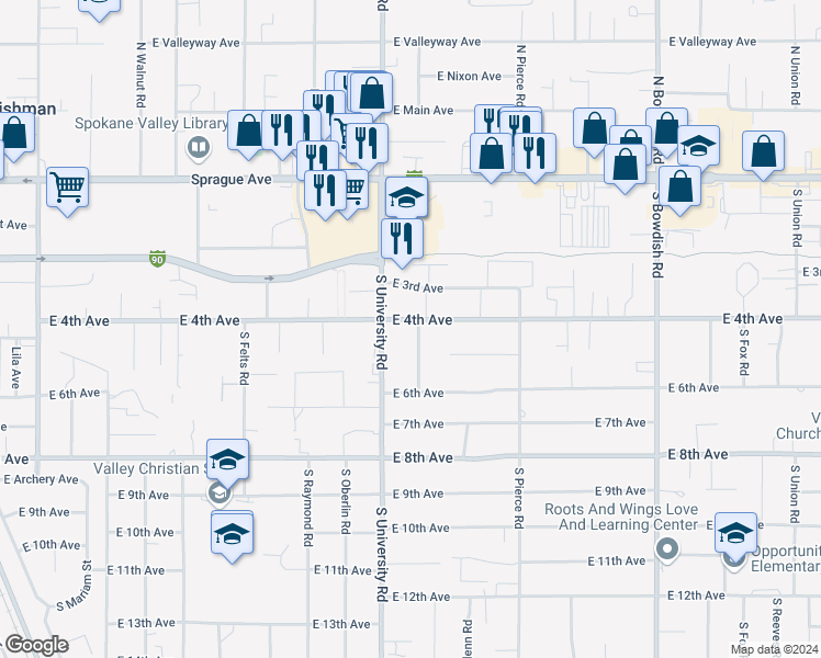 map of restaurants, bars, coffee shops, grocery stores, and more near 406 South Van Marter Road in Spokane Valley