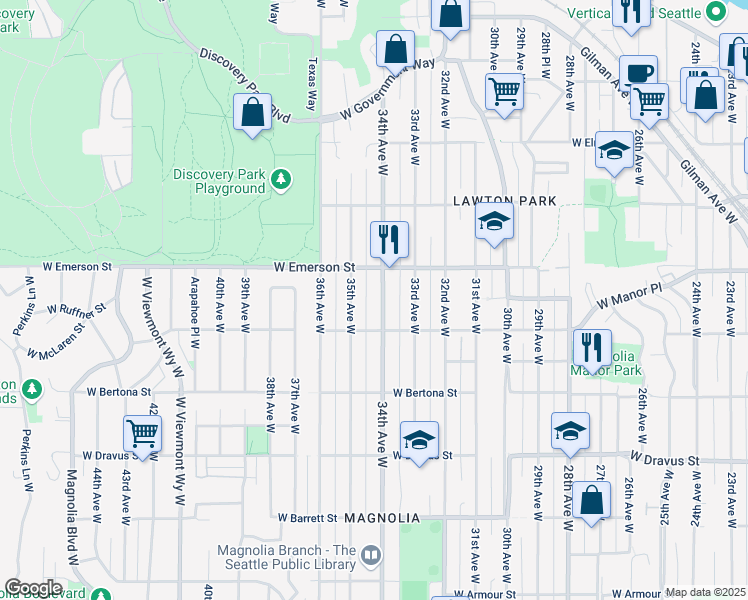 map of restaurants, bars, coffee shops, grocery stores, and more near 3643 34th Avenue West in Seattle