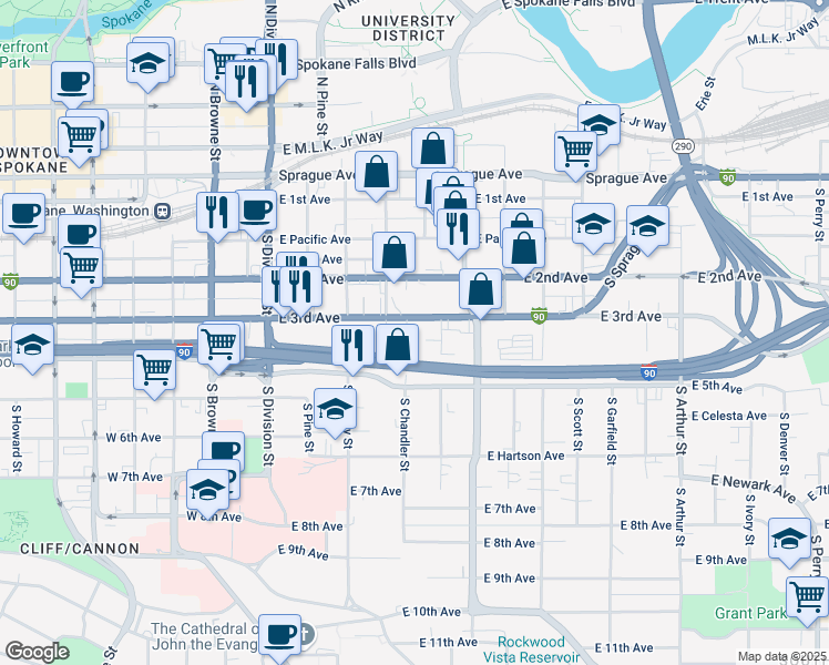 map of restaurants, bars, coffee shops, grocery stores, and more near 376 East 3rd Avenue in Spokane