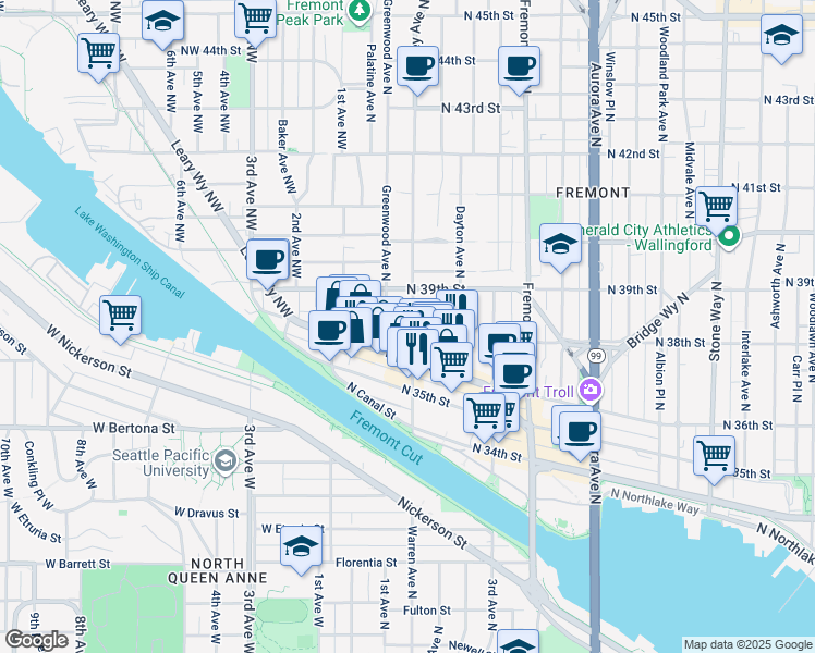 map of restaurants, bars, coffee shops, grocery stores, and more near 3631 Phinney Avenue North in Seattle