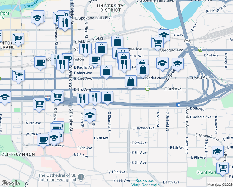 map of restaurants, bars, coffee shops, grocery stores, and more near 376 East 3rd Avenue in Spokane