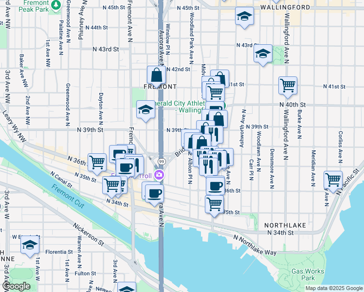 map of restaurants, bars, coffee shops, grocery stores, and more near 3816c Whitman Avenue North in Seattle