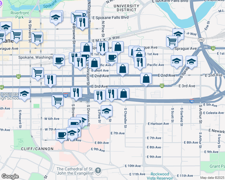 map of restaurants, bars, coffee shops, grocery stores, and more near 202 East 3rd Avenue in Spokane