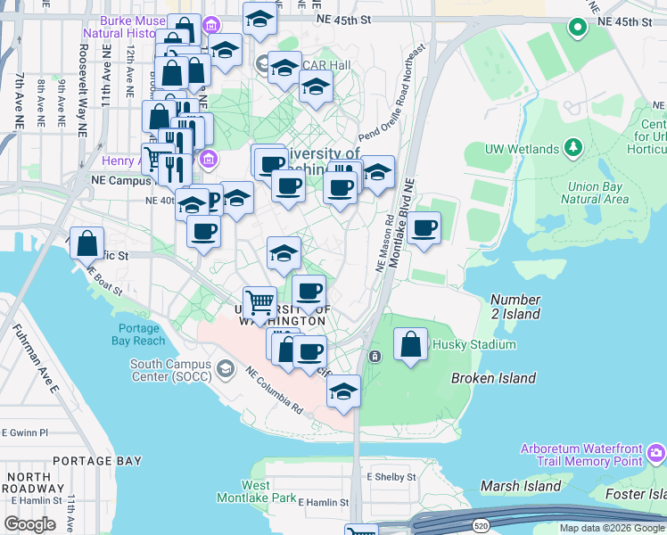 map of restaurants, bars, coffee shops, grocery stores, and more near 185 Northeast Stevens Way in Seattle