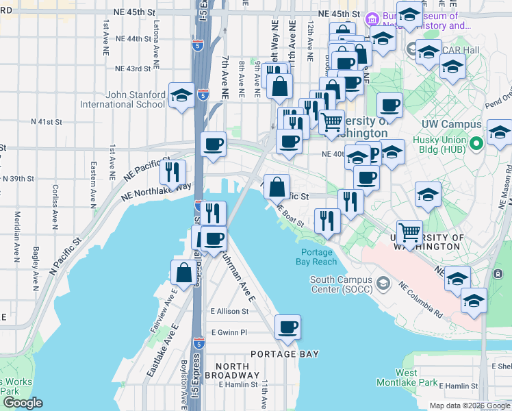 map of restaurants, bars, coffee shops, grocery stores, and more near 1001 Northeast Boat Street in Seattle