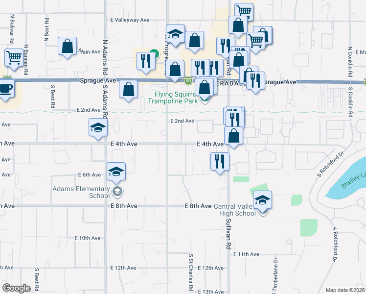 map of restaurants, bars, coffee shops, grocery stores, and more near 15121 East 4th Avenue in Spokane Valley