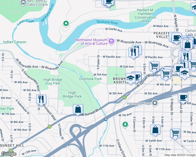map of restaurants, bars, coffee shops, grocery stores, and more near in Spokane