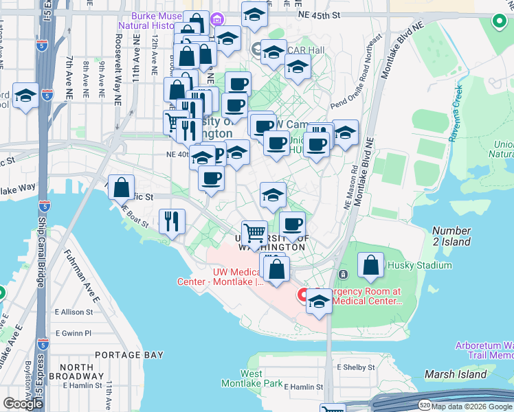 map of restaurants, bars, coffee shops, grocery stores, and more near in Seattle