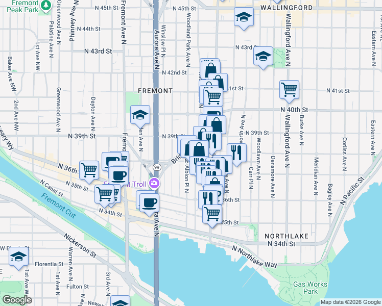 map of restaurants, bars, coffee shops, grocery stores, and more near 3860 Bridge Way North in Seattle