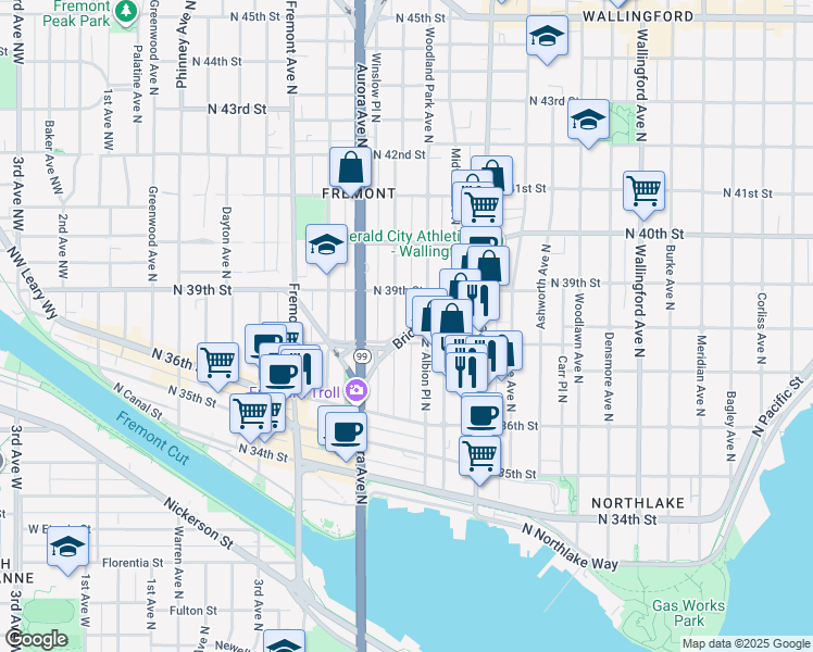map of restaurants, bars, coffee shops, grocery stores, and more near in Seattle