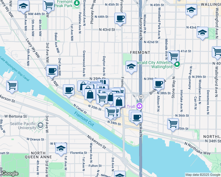 map of restaurants, bars, coffee shops, grocery stores, and more near 3658 Dayton Avenue North in Seattle