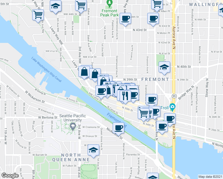map of restaurants, bars, coffee shops, grocery stores, and more near 3628 Palatine Avenue North in Seattle
