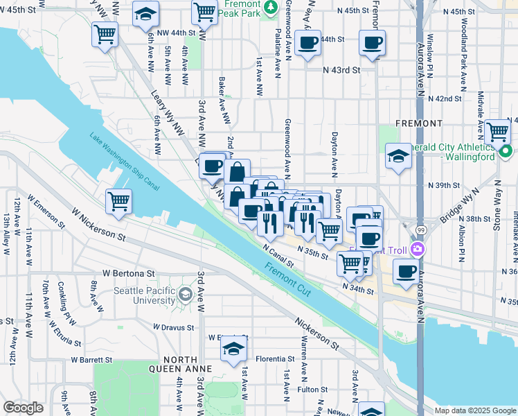 map of restaurants, bars, coffee shops, grocery stores, and more near 3617 1st Avenue Northwest in Seattle