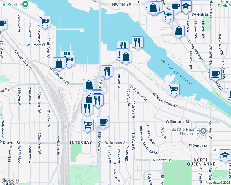 map of restaurants, bars, coffee shops, grocery stores, and more near 3646 14th Avenue West in Seattle