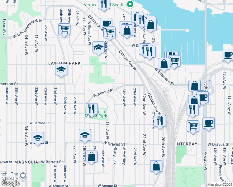 map of restaurants, bars, coffee shops, grocery stores, and more near 3628 24th Place West in Seattle