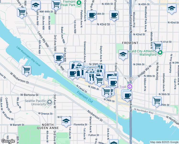 map of restaurants, bars, coffee shops, grocery stores, and more near 3631 Phinney Avenue North in Seattle