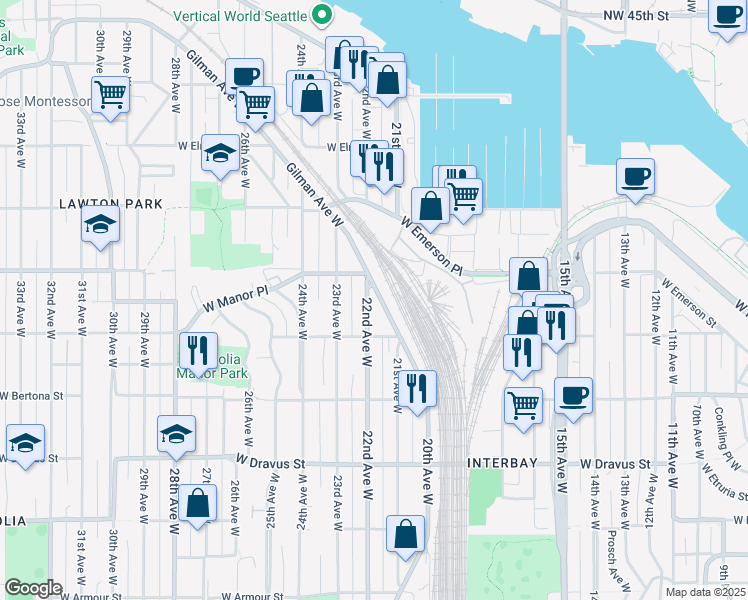 map of restaurants, bars, coffee shops, grocery stores, and more near 3645 22nd Avenue West in Seattle