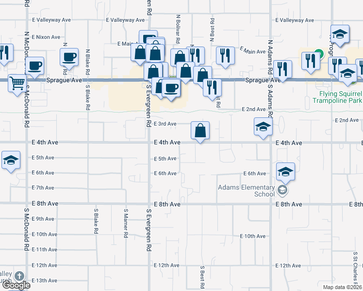 map of restaurants, bars, coffee shops, grocery stores, and more near 14102 East 4th Avenue in Spokane Valley