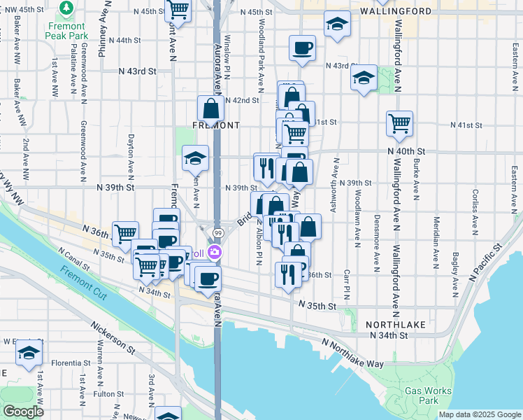 map of restaurants, bars, coffee shops, grocery stores, and more near 3815 Woodland Park Avenue North in Seattle