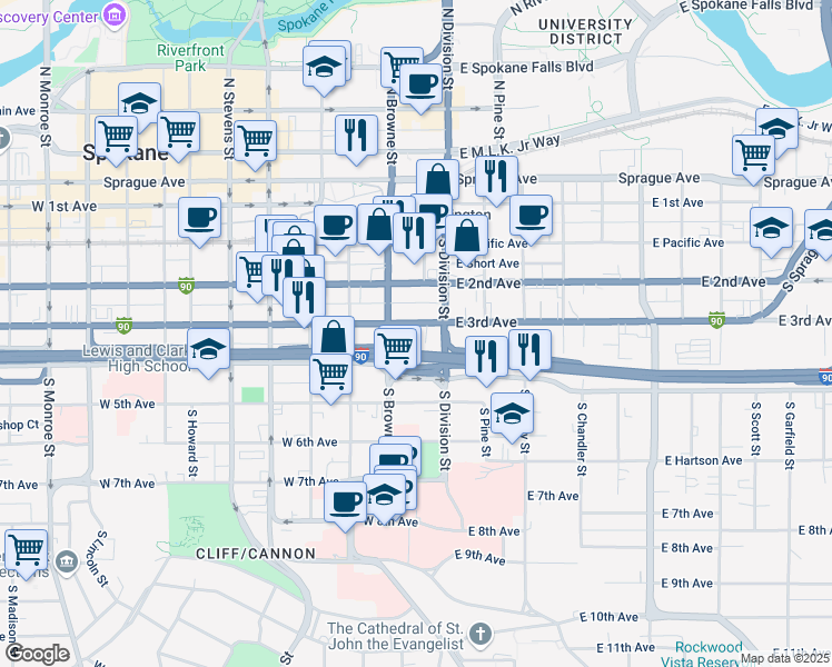 map of restaurants, bars, coffee shops, grocery stores, and more near 25 West 3rd Avenue in Spokane