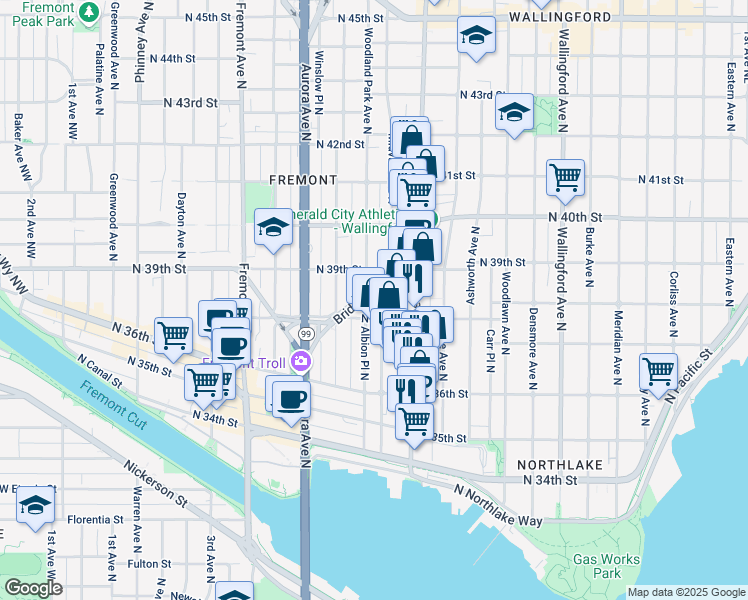 map of restaurants, bars, coffee shops, grocery stores, and more near 3815 Woodland Park Avenue North in Seattle