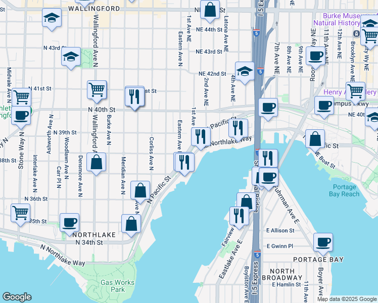 map of restaurants, bars, coffee shops, grocery stores, and more near 2528 North Pacific Street in Seattle