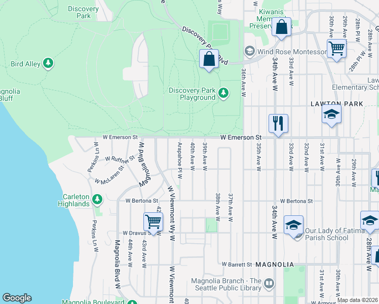 map of restaurants, bars, coffee shops, grocery stores, and more near 3642 40th Avenue West in Seattle