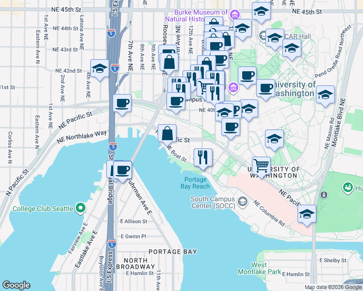 map of restaurants, bars, coffee shops, grocery stores, and more near 1122 Northeast Boat Street in Seattle