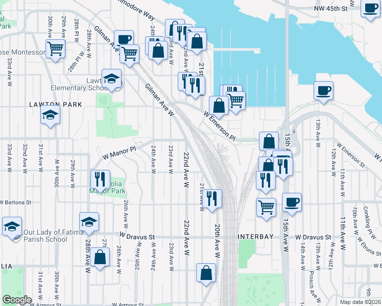 map of restaurants, bars, coffee shops, grocery stores, and more near 3630 22nd Avenue West in Seattle