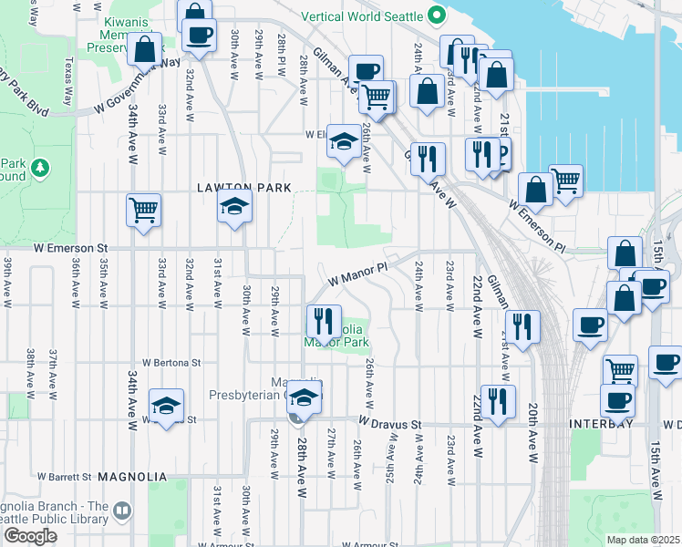 map of restaurants, bars, coffee shops, grocery stores, and more near 3710 27th Place West in Seattle